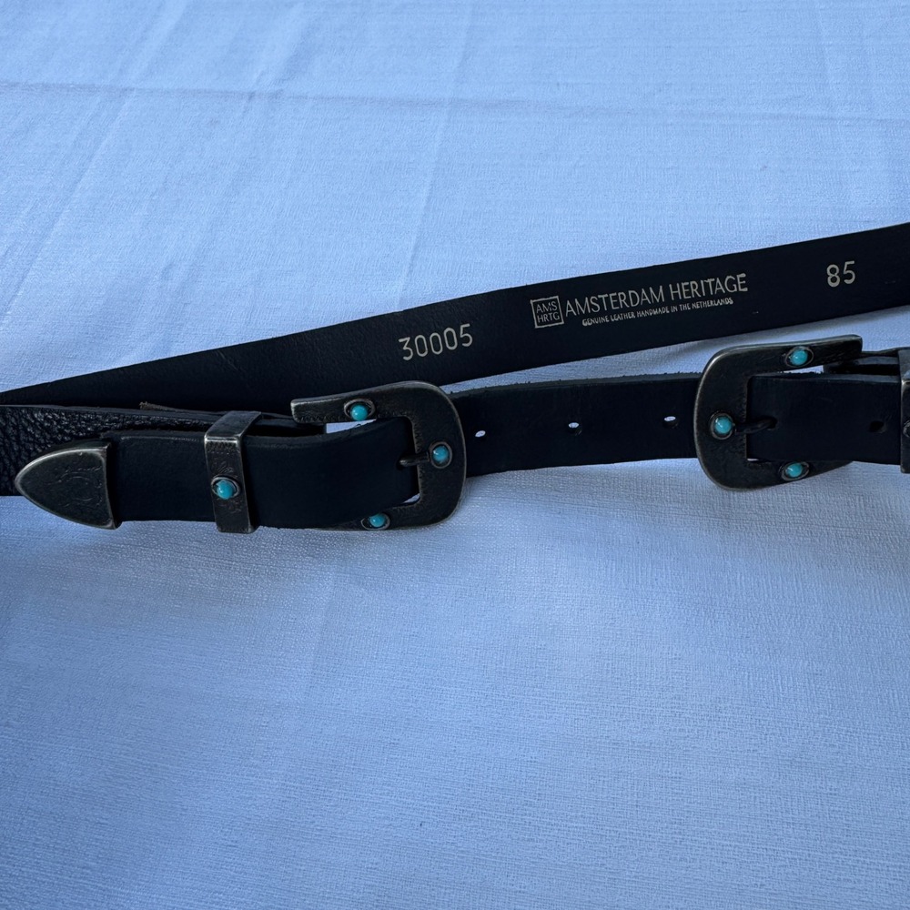 Amsterdam Heritage Leather Belt 85 Black Western Turquoise double silver buckle